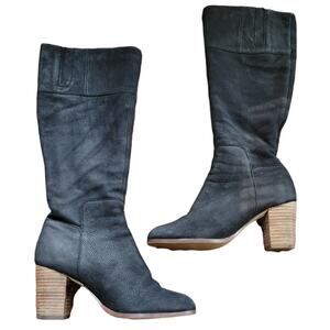 Cole Haan Knee High Boots Black Suede Block Heel Riding Style Zip 5.5 Equestrian